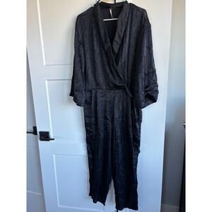 FREE PEOPLE Black Satin Draped Wide Leg Jumpsuit Romper XS